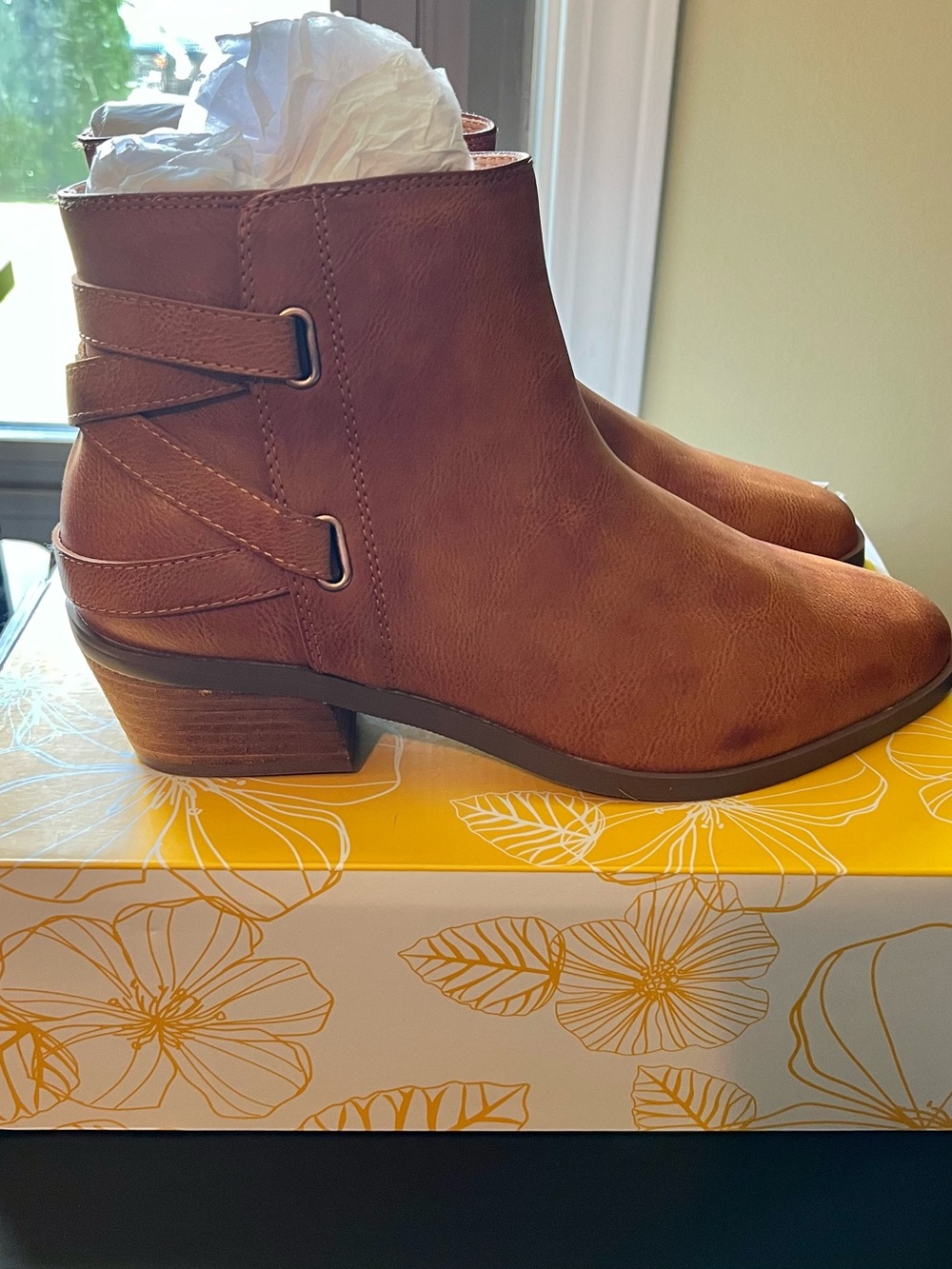 Yellow Box Women's Cognac Brown Ankle Booties with Low Block Heel